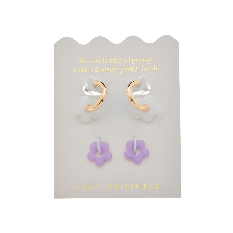 Purple & White Flower Earrings in Gold