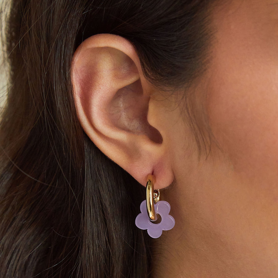 Purple & White Flower Earrings in Gold