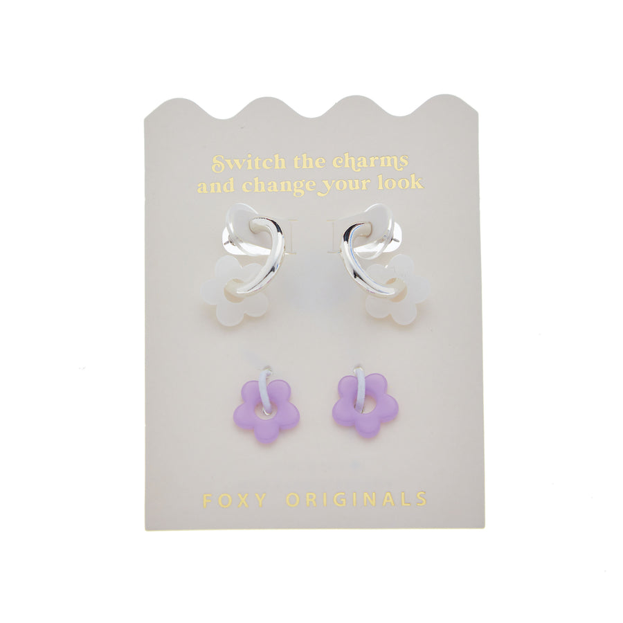 Purple & White Flower Earrings in Silver