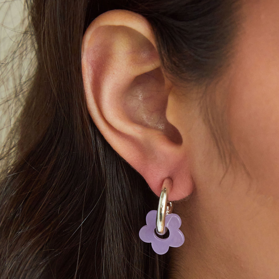 Purple & White Flower Earrings in Silver